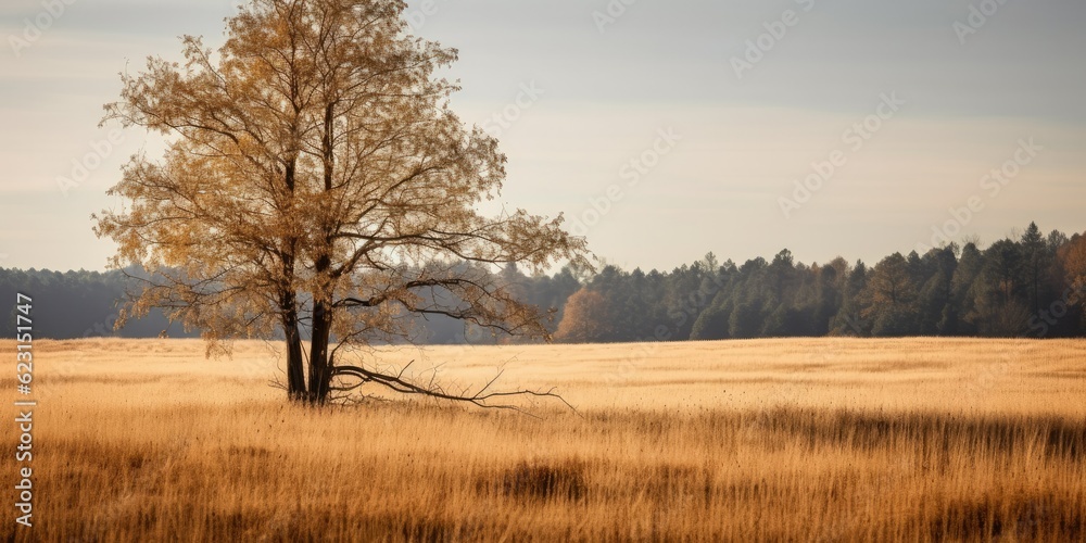 photograph of a solitary tree standing tall in an autumn field  branches are bare, showcasing the intricate patterns created by the fallen leaves on the ground  Generative AI Digital Illustration