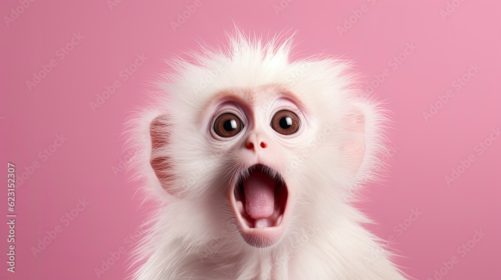 Portrait of a white cute baby monkey with surprised expression on a pink background,Generative AI Portrait of a white cute baby monkey with surprised expression on a pink background,Generative AI