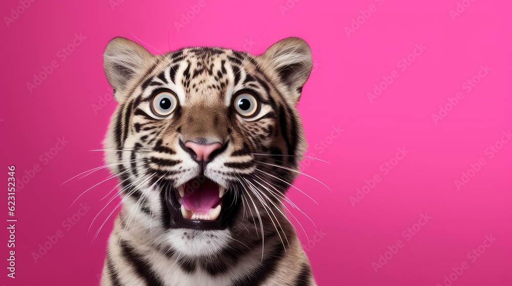 Portrait of a white cute baby tiger with surprised expression on a pink background,Generative AI Portrait of a white cute baby tiger with surprised expression on a pink background,Generative AI