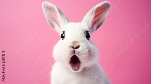 Fotografia Portrait of a white cute  rabbit with surprised  expression on a pink background,surprised looking rabbit