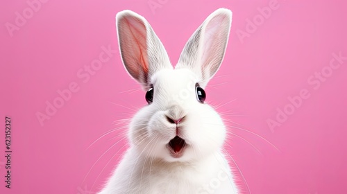 Portrait of a white cute rabbit with surprised expression on a pink background,Generative AI