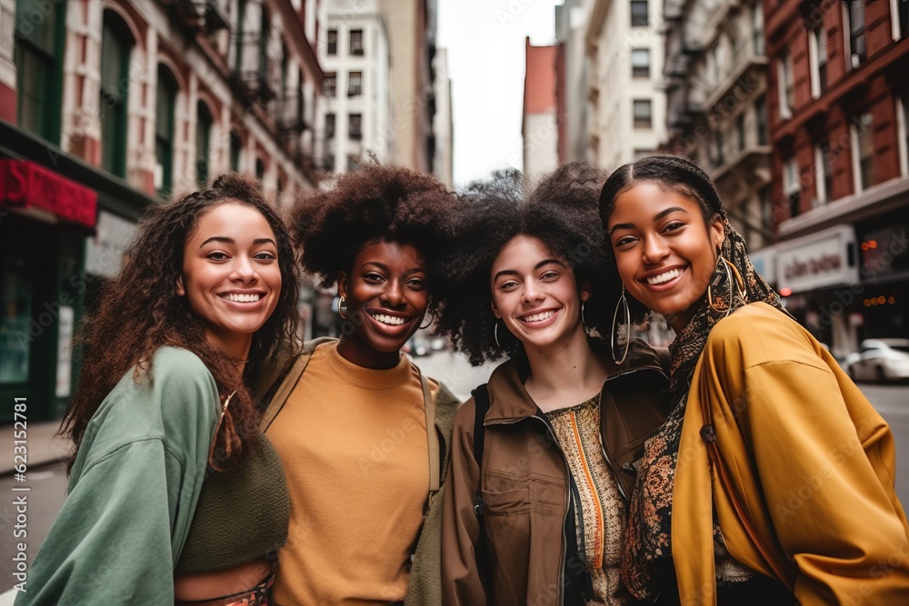Group of multiracial woman standing together in city street. Group of multiracial woman standing together in city street.