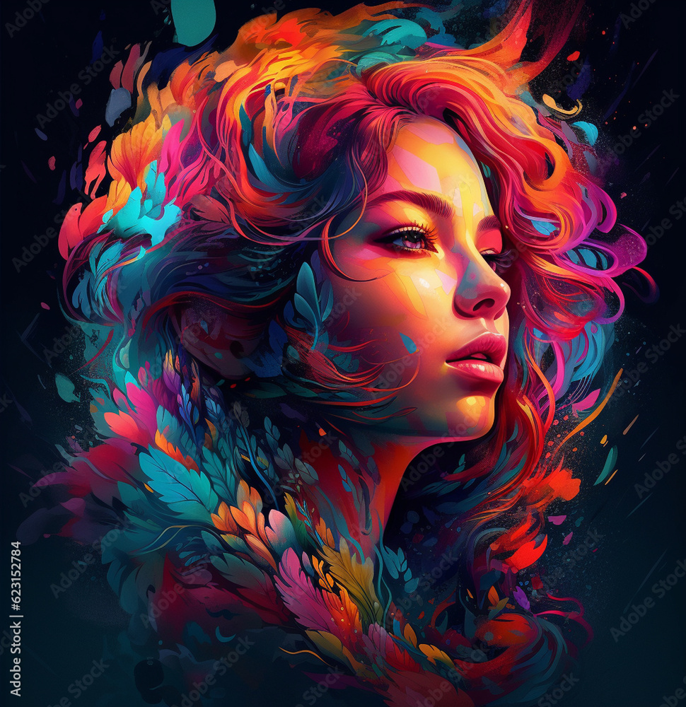 Bold Colorful Vivid Retro Woman Face Portrait Digital Illustration Artwork	