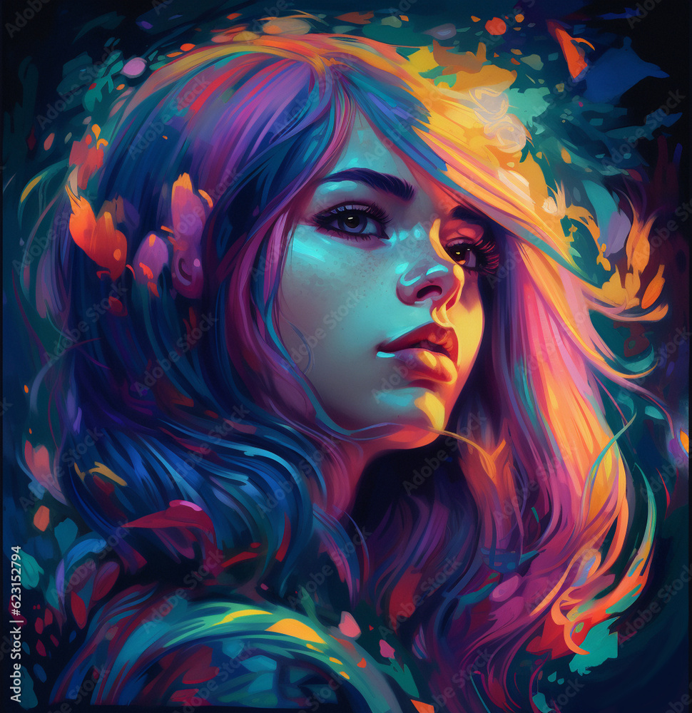 Bold Colorful Vivid Retro Woman Face Portrait Digital Illustration Artwork	