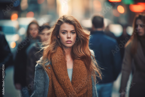 A young fashion model walking down a busy city street, surrounded by fascinated onlookers, representing the influence and impact of fashion. Generative AI
