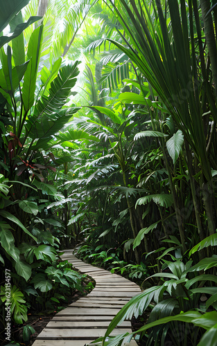 Pathway in the middle park forest with green foliage of plants view