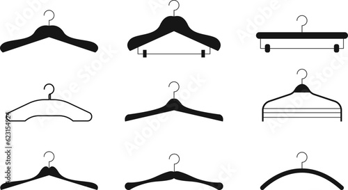 Clothes hangers, silhouettes of various clothes hangers. Trempels for the wardrobe. Icons of holders for dresses