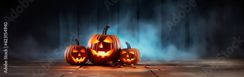 Glowing evil pumpkins in a spooky night with fog. Halloween banner background - Generative AI