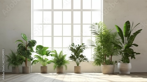 tropical palm tree pot on white clean clear wall with sun light and shade beautiful backdrop mockup nature template design,ai generate © VERTEX SPACE