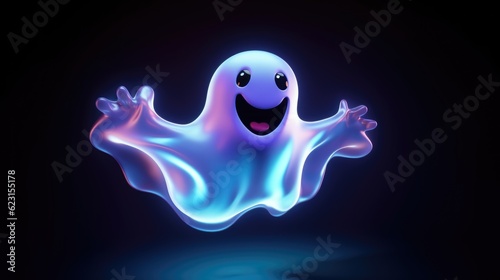  Halloween neon ghost on dark background. Generative AI.