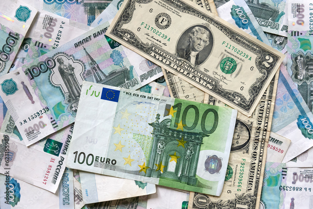background of paper bills dollars, euros and rubles. Currency exchange rate background of paper bills dollars, euros and rubles. Currency exchange rate
