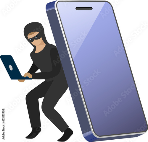 Hacker, scammer stealing, phishing money and data from online transaction on smartphone. Cyber crime in digital technology.