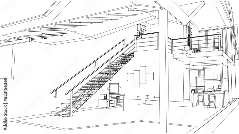 Vector illustration of interior sketch of coffee shop, living room, kitchen and stairs Vector illustration of interior sketch of coffee shop, living room, kitchen and stairs