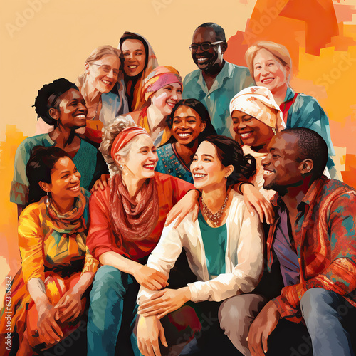 Happy & Diverse Community Working Together, Ultra-High Resolution Painting photo