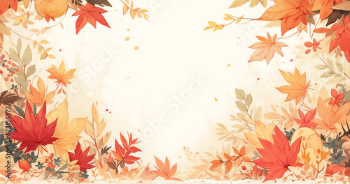Autumn background Cartoon drawn beautiful maple leaves frame boder with copy space on beige background Concept for fall season holiday or Thanksgiving crad Generative Ai