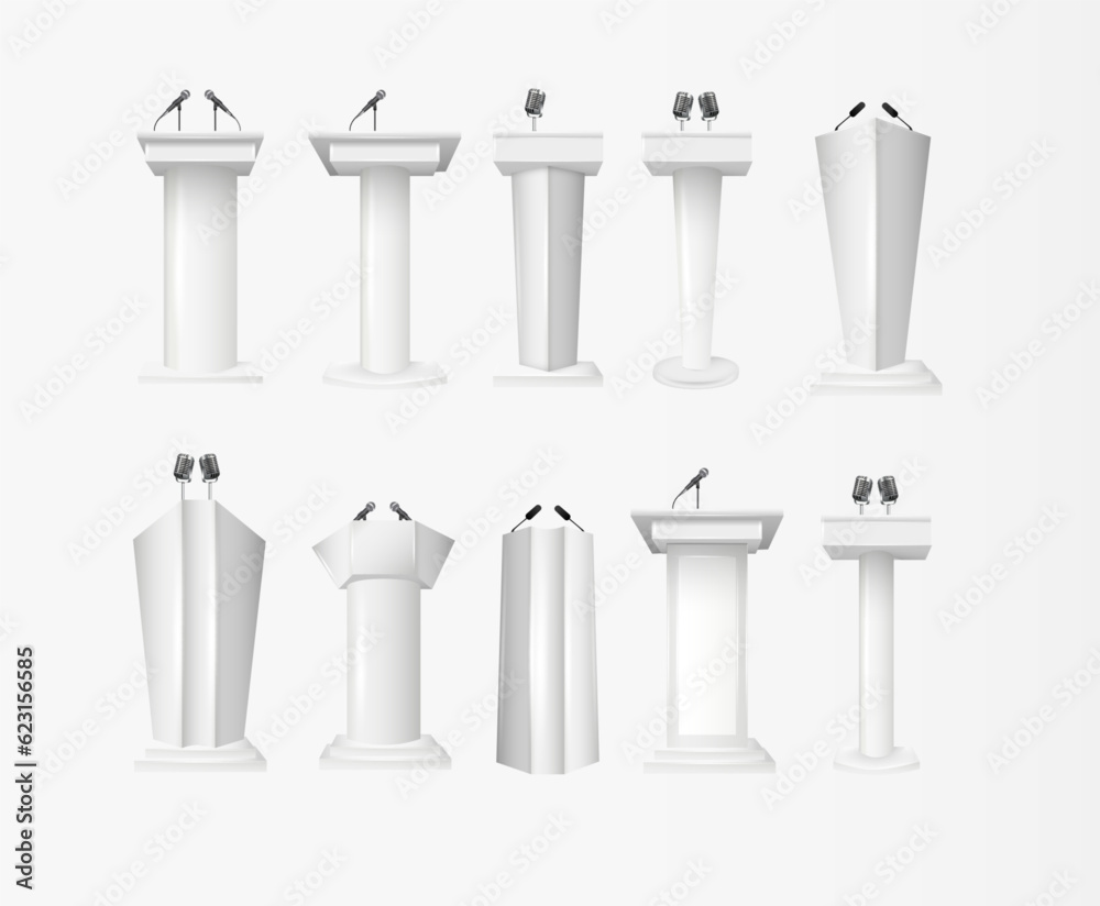 Fototapeta premium White Podium Tribune Rostrum Stands with Microphones. Podium tribune with microphones isolated for business presentation, conference. Vector