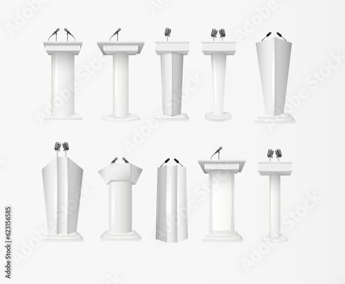 White Podium Tribune Rostrum Stands with Microphones. Podium tribune with microphones isolated for business presentation, conference. Vector