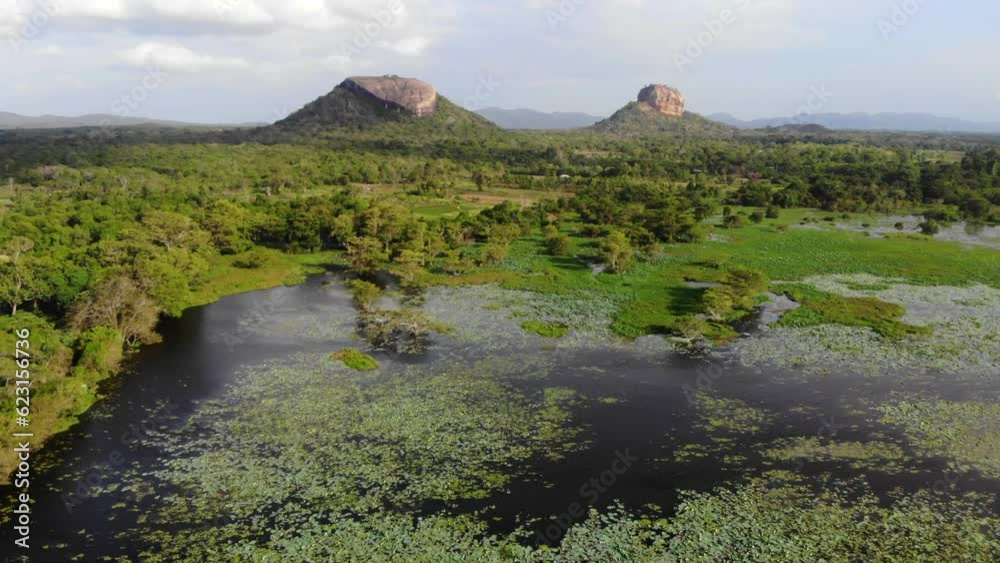 drone fly at sigiriya ancient rocks site 