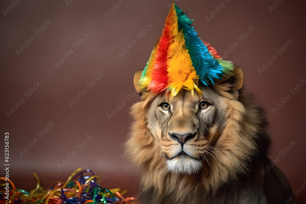 Funny and friendly cute lion wearing a brithday party hat in studio, on a vibrant, colorful background. Generative AI