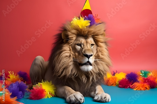 Funny and friendly cute lion wearing a birthday party hat in studio  on a vibrant  colorful background. Generative AI