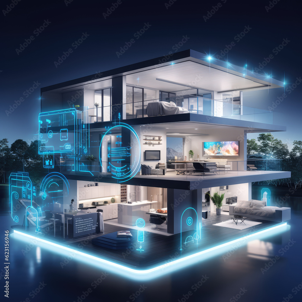 Futuristic Smart Home in Neon Blue, Hyper-Connected, Ultra-High Resolution Futuristic Smart Home in Neon Blue, Hyper-Connected, Ultra-High Resolution