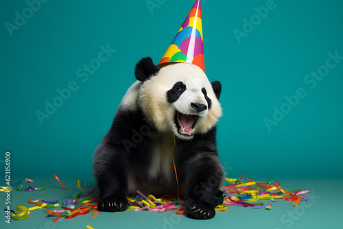 Funny and friendly cute panda wearing a brithday party hat in studio, on a vibrant, colorful background. Generative AI