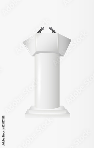 Fototapeta Naklejka Na Ścianę i Meble -  White Podium Tribune Rostrum Stands with Microphones. Podium tribune with microphones isolated for business presentation, conference. Vector