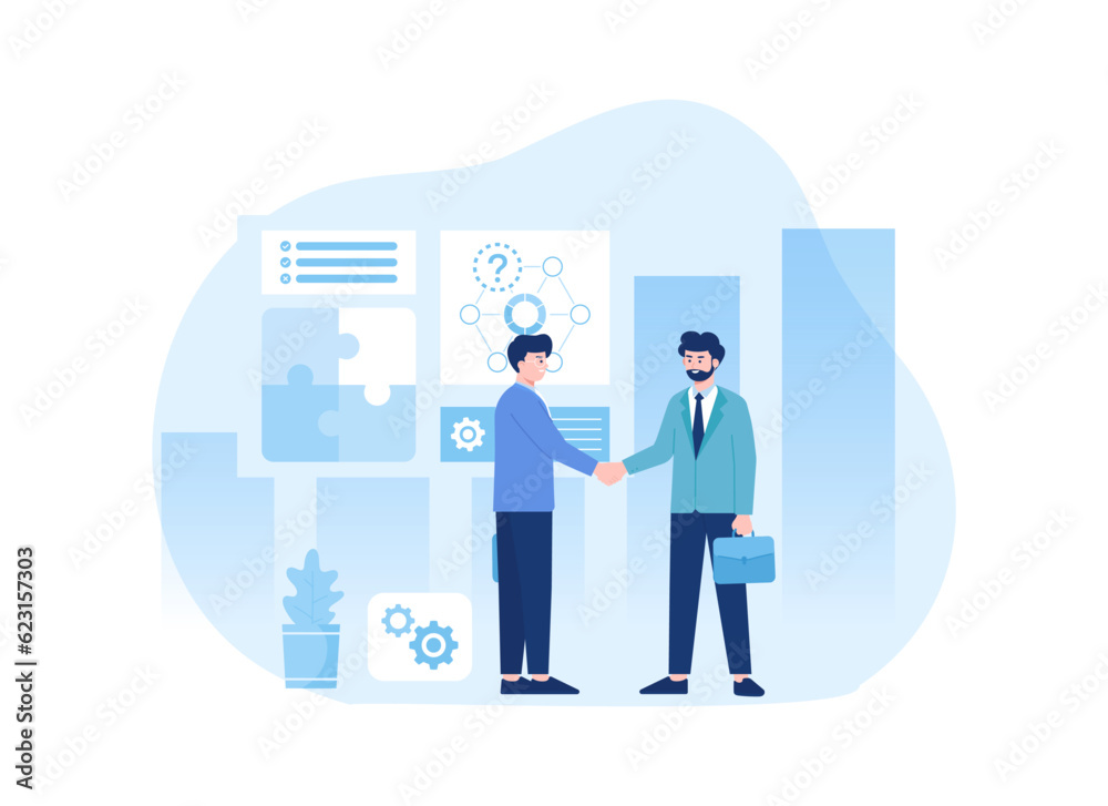 Two people shaking hands with data analyst concept flat illustration