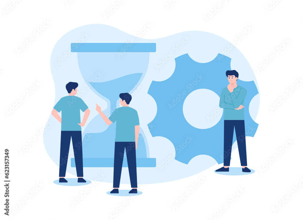Three people with an hourglass and settings icon concept flat illustration Three people with an hourglass and settings icon concept flat illustration