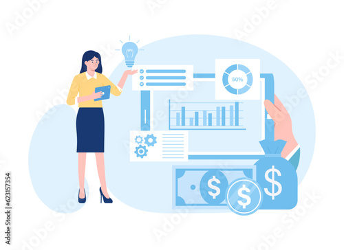 Woman presenting with tablet and dollar concept flat illustration