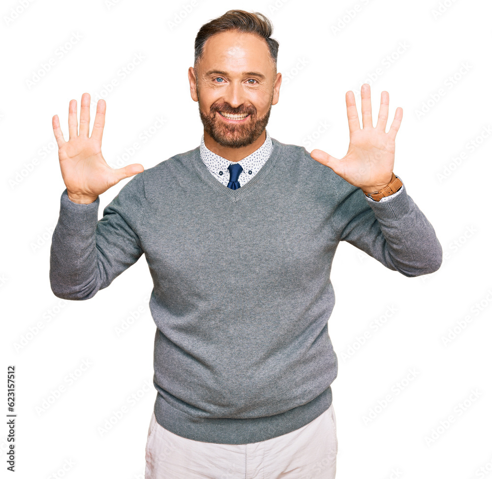 Handsome middle age man wearing business clothes showing and pointing up with fingers number ten while smiling confident and happy. Handsome middle age man wearing business clothes showing and pointing up with fingers number ten while smiling confident and happy.