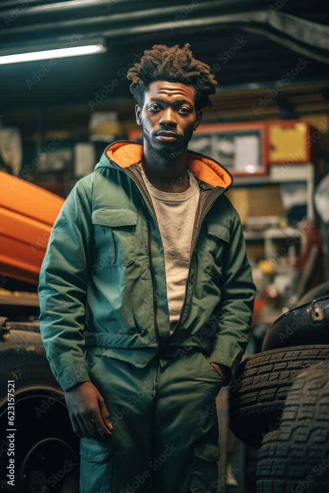 Portrait confident male auto mechanic in garage.