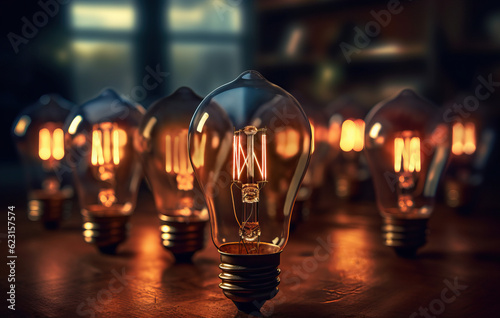 Lit vintage light bulbs created with Generative AI technology