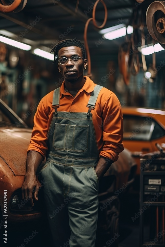 Portrait confident male auto mechanic in garage.