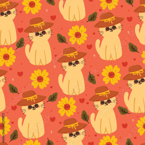 seamless pattern cartoon cat and flower. cute animal wallpaper for textile, gift wrap paper