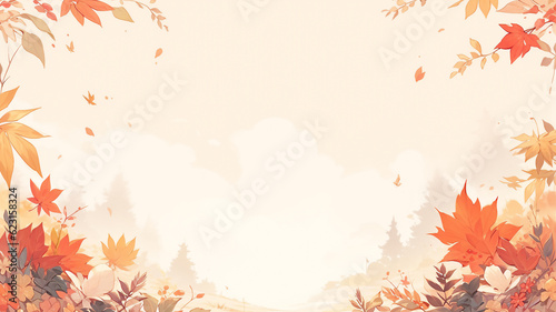Autumn background,Cartoon drawn beautiful maple leaves frame boder with copy space on beige background,Concept for fall season holiday or Thanksgiving crad,Generative Ai 