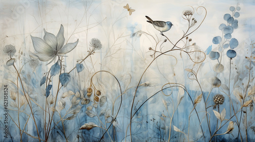 beautiful panel of flowers, herbs in blue
