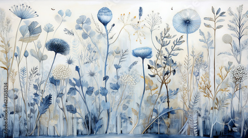 beautiful panel of flowers, herbs in blue