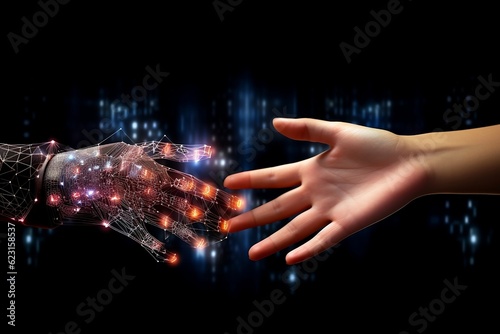 Embracing Technology: Human and AI Hands Joining in Futuristic Business Partnership