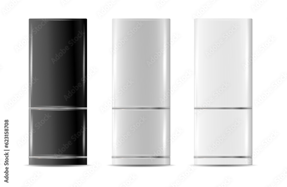 Modern fridges. Realistic silver coolers, refrigerators of different size for home or restaurant kitchen and cold products storage. Vector