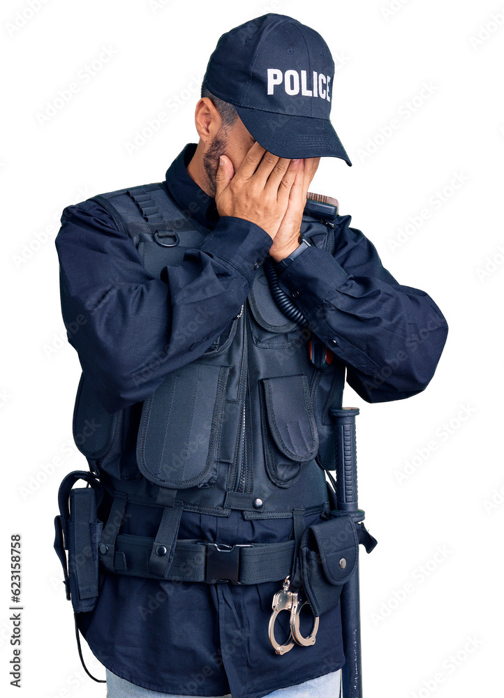 Young hispanic man wearing police uniform with sad expression covering face with hands while crying. depression concept. Young hispanic man wearing police uniform with sad expression covering face with hands while crying. depression concept.