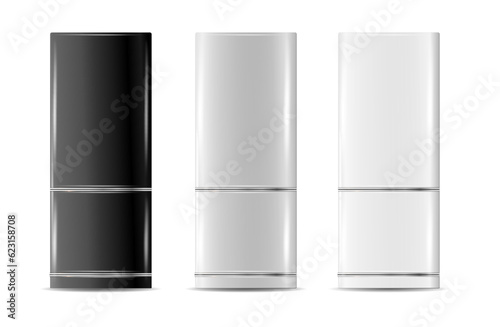 Modern fridges. Realistic silver coolers, refrigerators of different size for home or restaurant kitchen and cold products storage. Vector