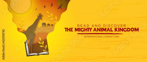 International Literacy Day Banner, paper art concept. Read and discover the mighty animal kingdom. Editable Vector Art. EPS 10.
