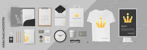 Exquisite Colorful Gradient Vector Logo with a Majestic Golden Crown: Complete Corporate Branding Elements for Elegantly Empowering Business Company Identity. Folder, Cards, Envelope and A4 Form.