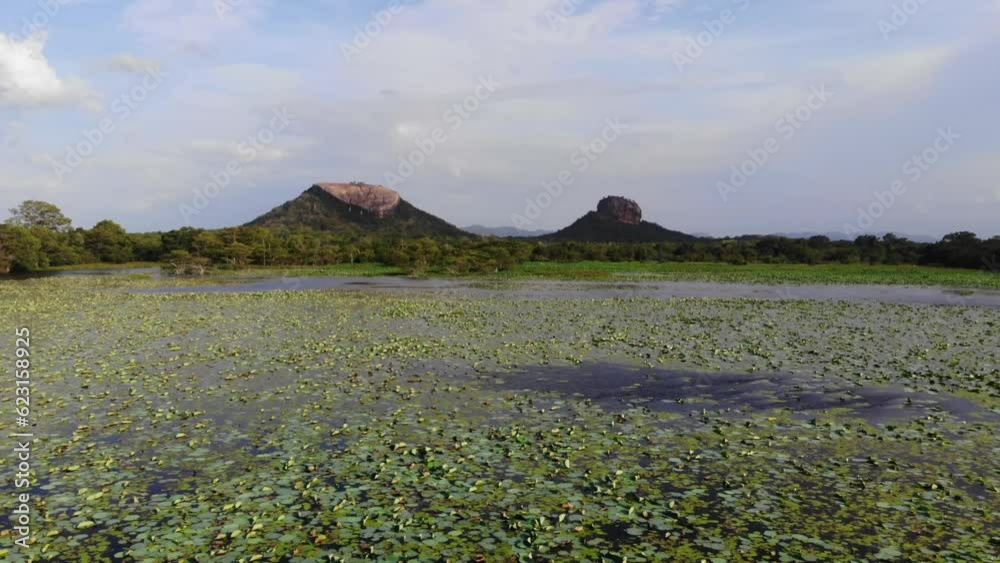 drone fly at sigiriya ancient rocks site 