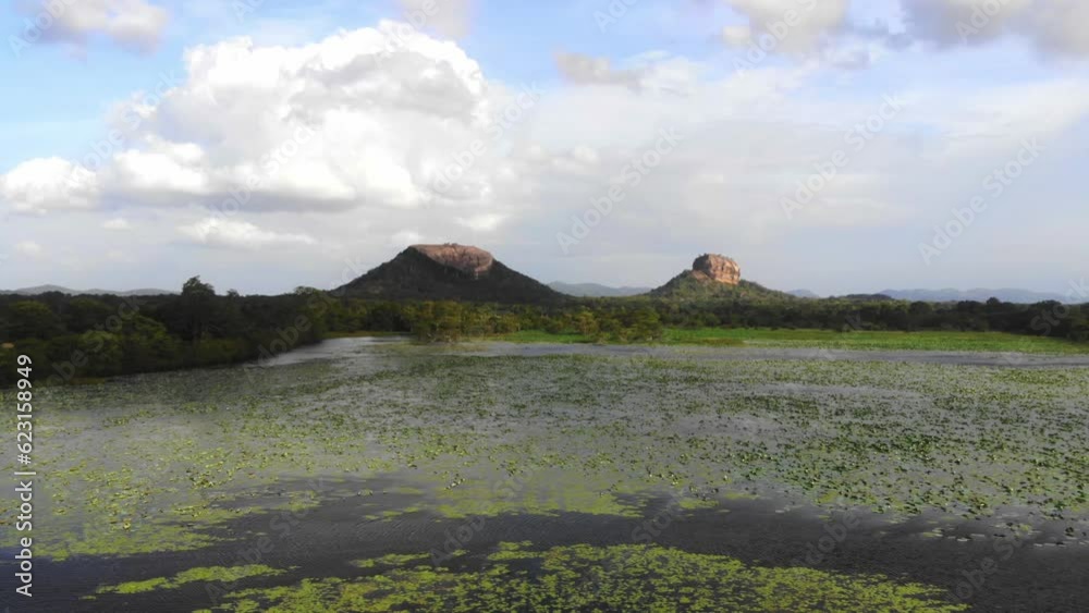 drone fly at sigiriya ancient rocks site 