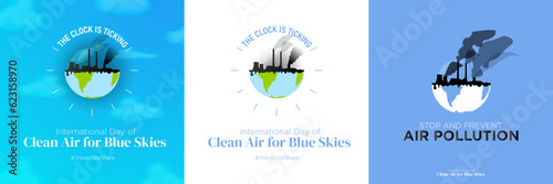 Set of International Day of Clean Air for Blue Skies artworks, minimalist concept. Clock is ticking, air pollution awareness. Editable Vector Illustration. EPS 10.