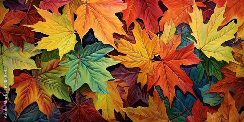  Collection of Beautiful Colorful Leaves, Adorned in Shades of Green, Yellow, Orange, and Red. Each Leaf Radiates with Nature's Artistry, Creating a Vibrant Tapestr Generative AI Digital Illustration