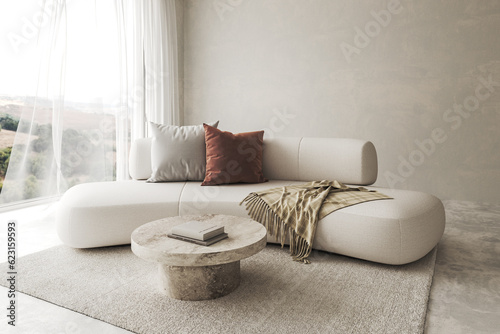 Conceptual interior living room with stucco wall. Creative composition sofa with stone table in pastel color. Mockup empty background. 3d rendering. High quality 3d illustration