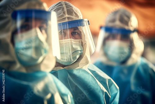 A dramatic image of a medical team in protective gear, ready to respond to a mass casualty incident, symbolizing preparedness and expertise in crisis management. Generative Ai